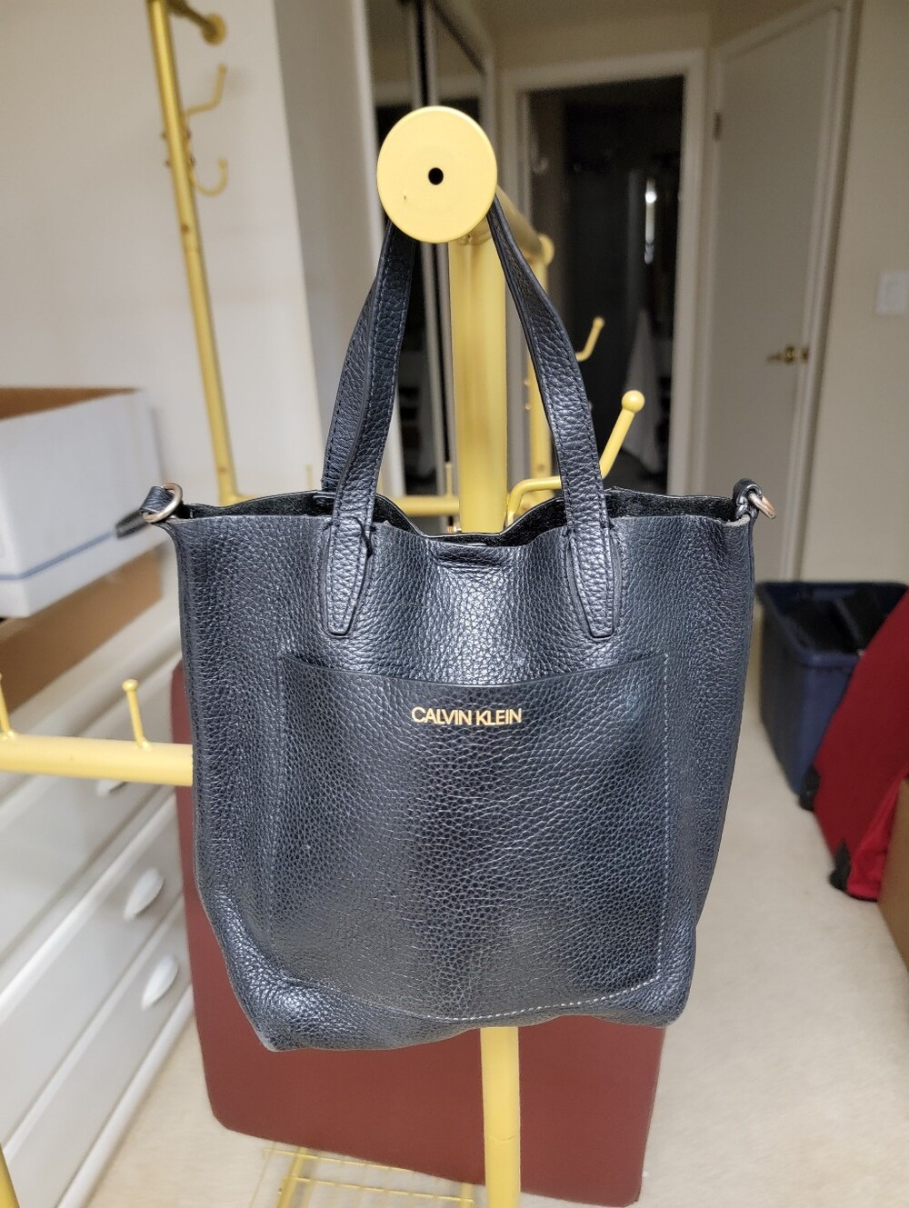 Calvin Klein Black Pebbled Leather Small Tote with Front Pocket